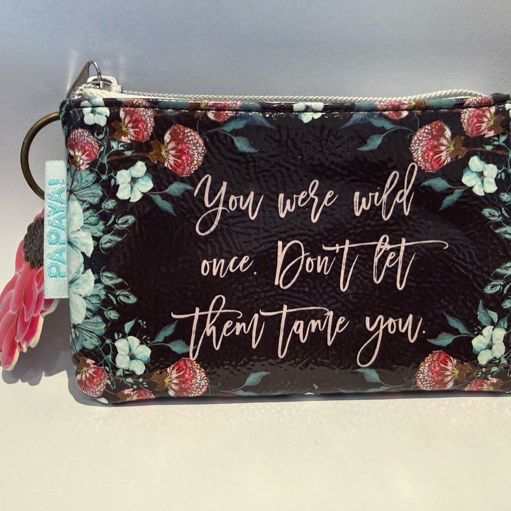 Papaya Black Floral Cosmetic Pouch with Pink Script